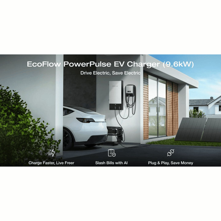 EcoFlow PowerPulse EV Charger 9.6kW Portable Electric Vehicle Charging in use at a home, promoting eco-friendly energy.
