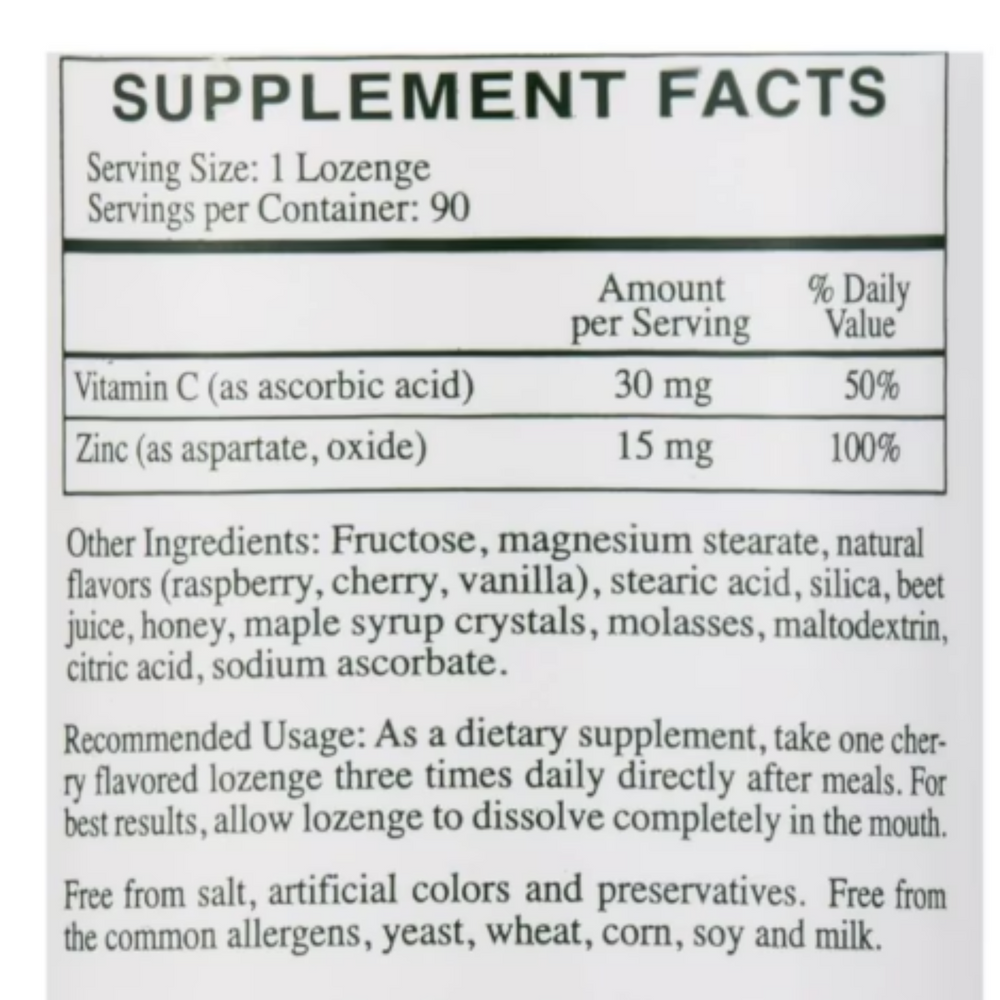 Supplement Facts for Rx Vitamins Zinc Lozenges, detailing Vitamin C and Zinc content per serving.