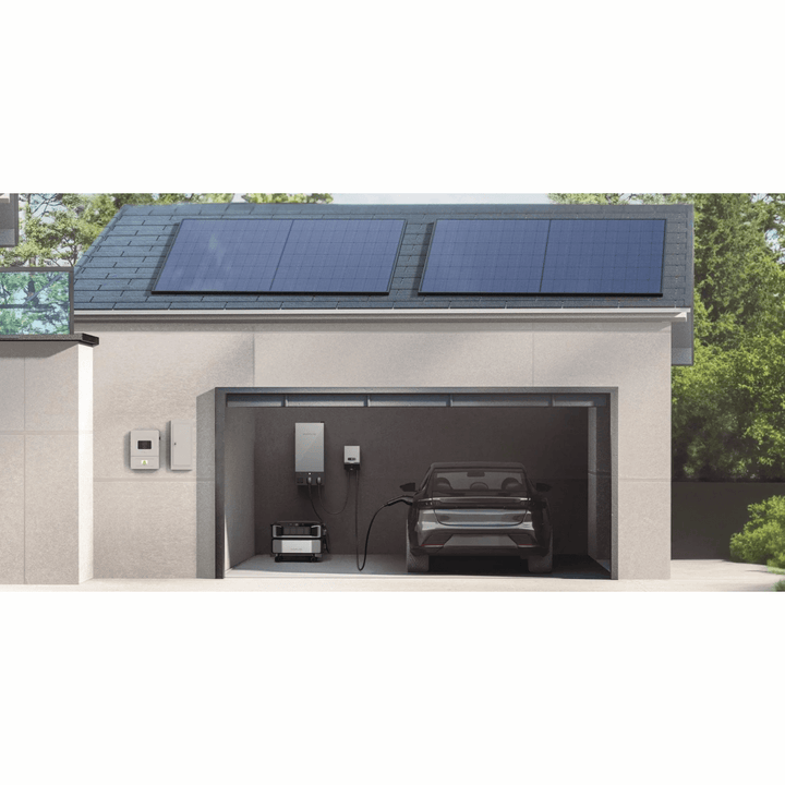EcoFlow PowerPulse EV Charger 9.6kW Portable Electric Vehicle Charging in a modern garage with solar panels.