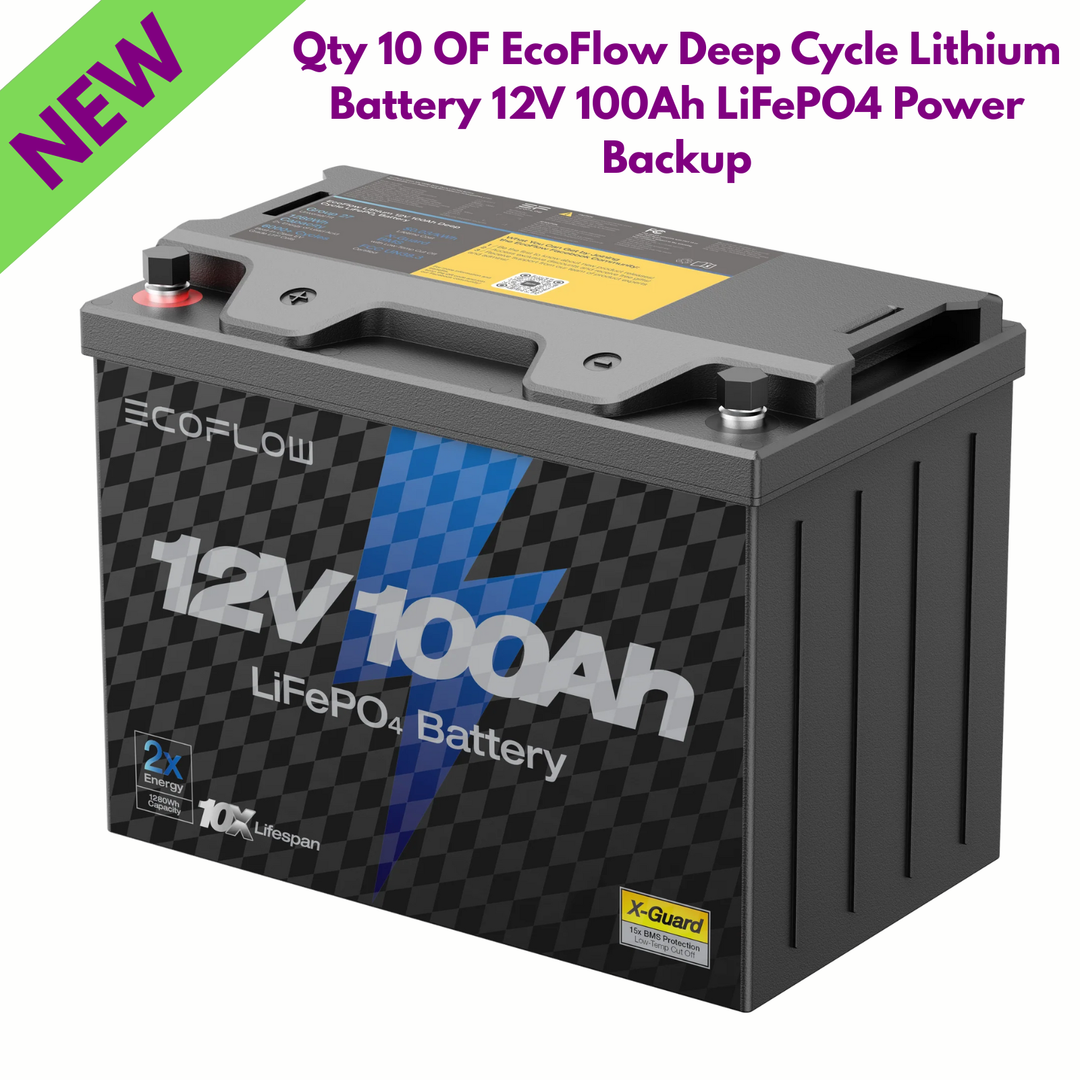 Qty 14 EcoFlow Lithium Battery Deep Cycle 12V 100Ah LiFePO4 Backup in grey with specifications on label