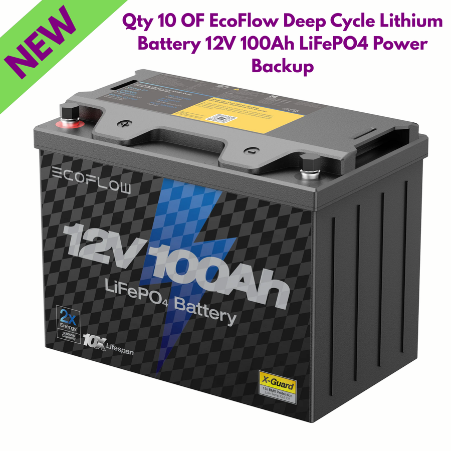 Qty 14 EcoFlow Lithium Battery Deep Cycle 12V 100Ah LiFePO4 Backup in grey with specifications on label