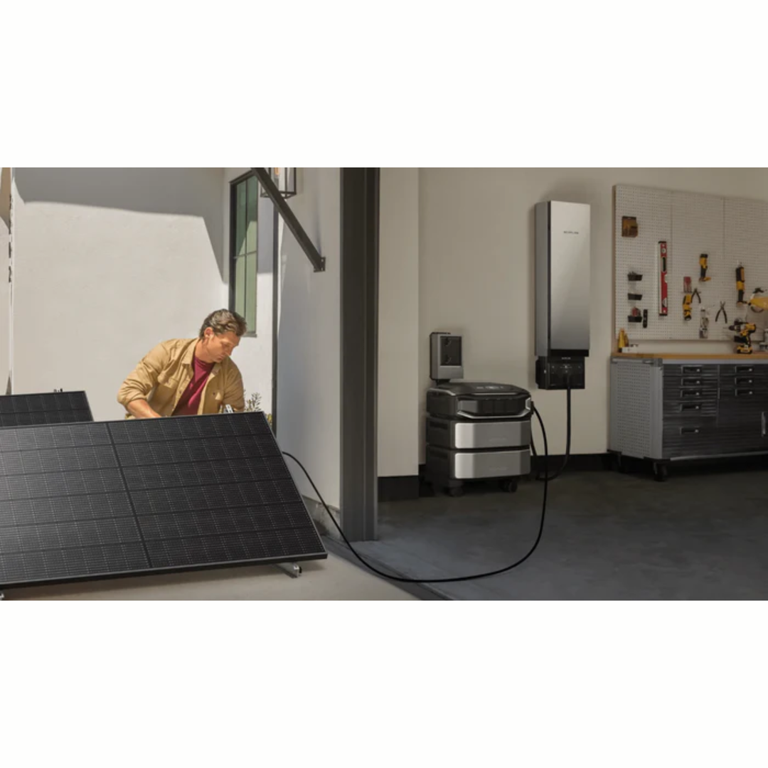 Man connecting solar panels to EcoFlow DELTA Pro Ultra X Inverter in a garage setting.