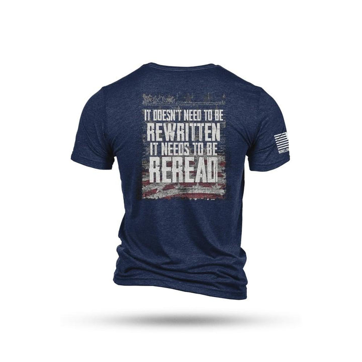 Nine Line Reread Not Rewritten T-Shirt Navy Soft Cotton Comfortable Fit Small