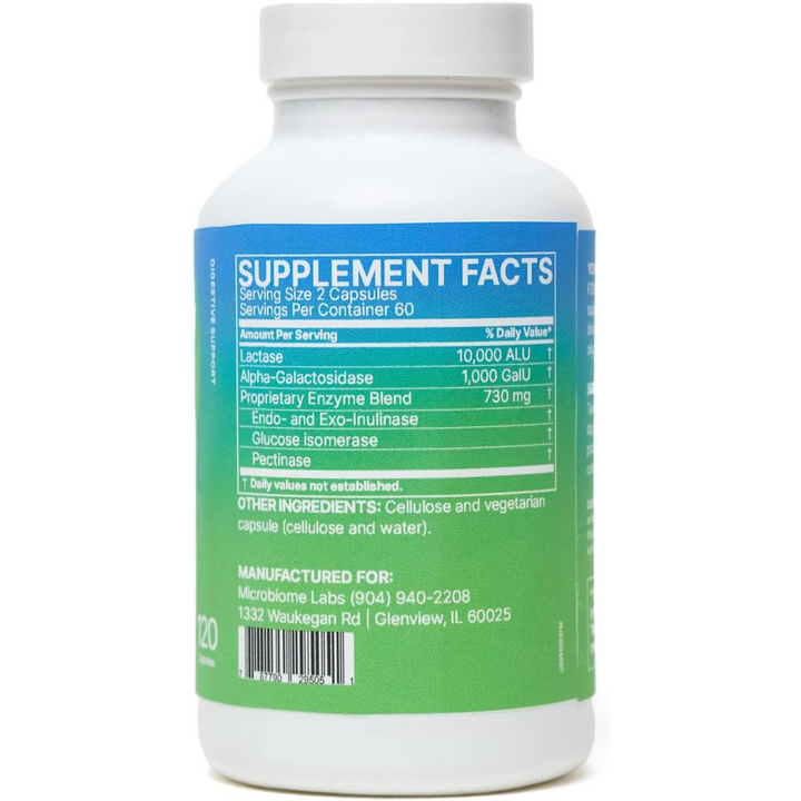 Microbiome Labs FODMate 120 Caps supplement facts label showing enzyme blend for digestive comfort and relief.