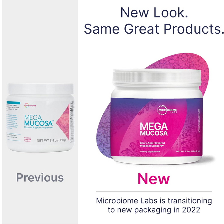 Polvo MegaMucosa de Microbiome Labs (157 g) que favorece la salud del revestimiento intestinal y el sistema inmunitario.