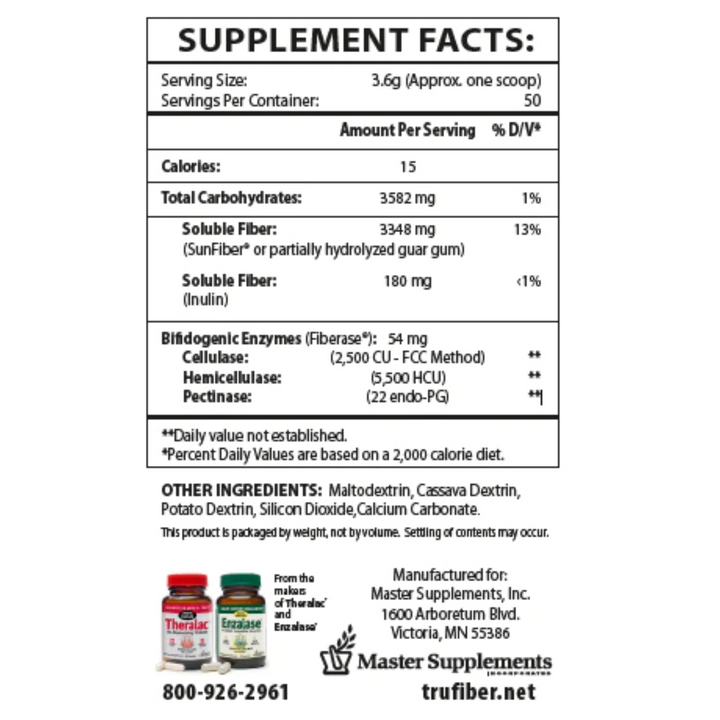 Suplementos Master US Enzymes TruFiber en polvo con fibra prebiótica, 6 oz