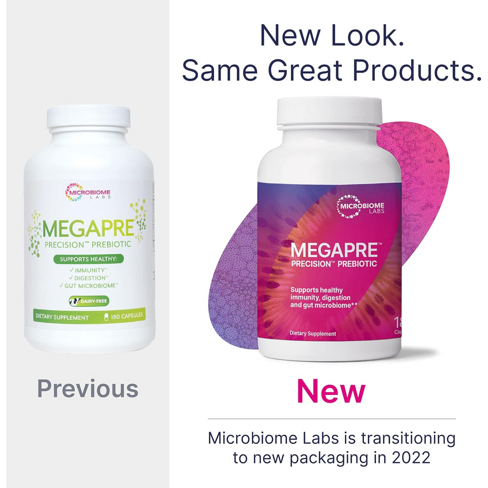 Microbiome Labs MegaPre Prebiotic 180 Caps new and previous packaging comparison for gut health support