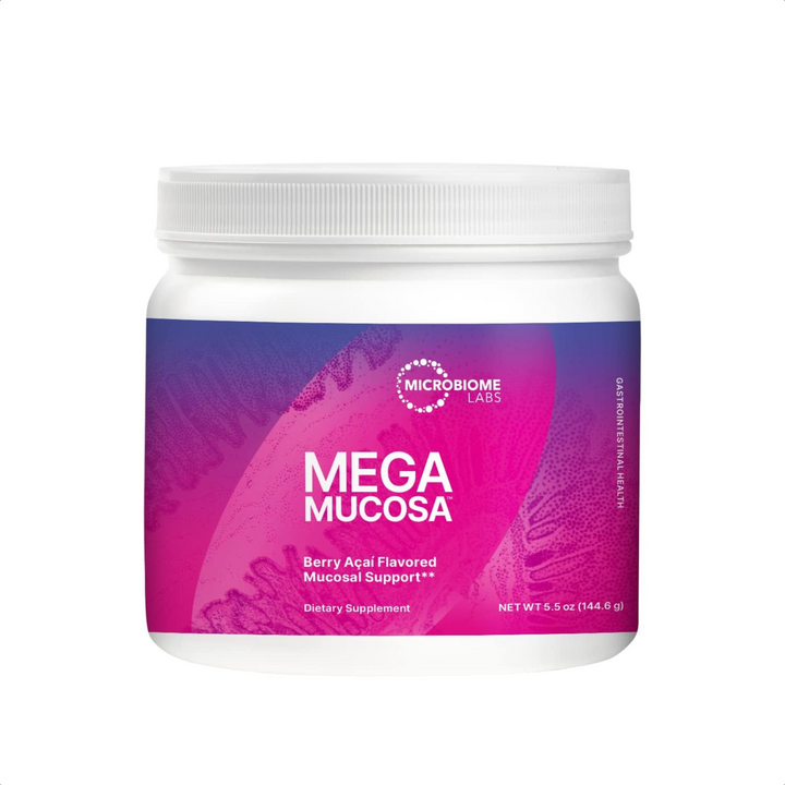 Polvo MegaMucosa de Microbiome Labs (157 g) que favorece la salud del revestimiento intestinal y el sistema inmunitario.