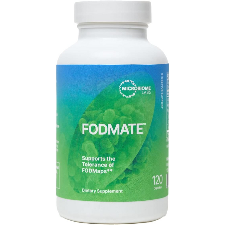 Microbiome Labs FODMate dietary supplement bottle with 120 capsules for digestive comfort and relief.