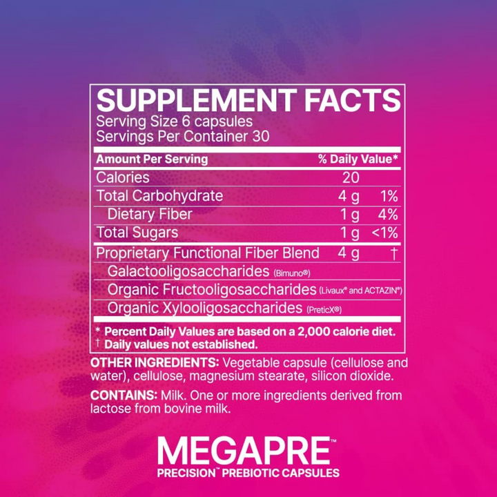 Supplement facts for Microbiome Labs MegaPre Prebiotic 180 caps, detailing nutrition values and ingredients.