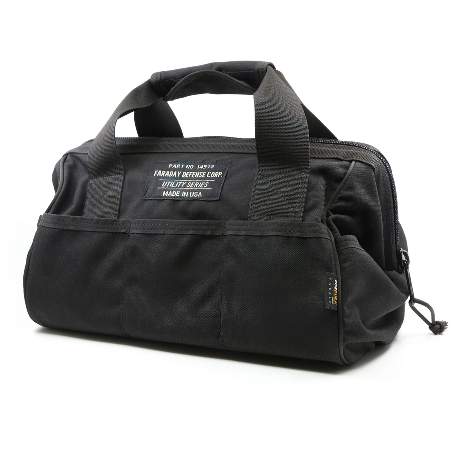 Faraday Cordura Utility Bag Small black durable waterproof canvas tank with sturdy handles and storage pockets.