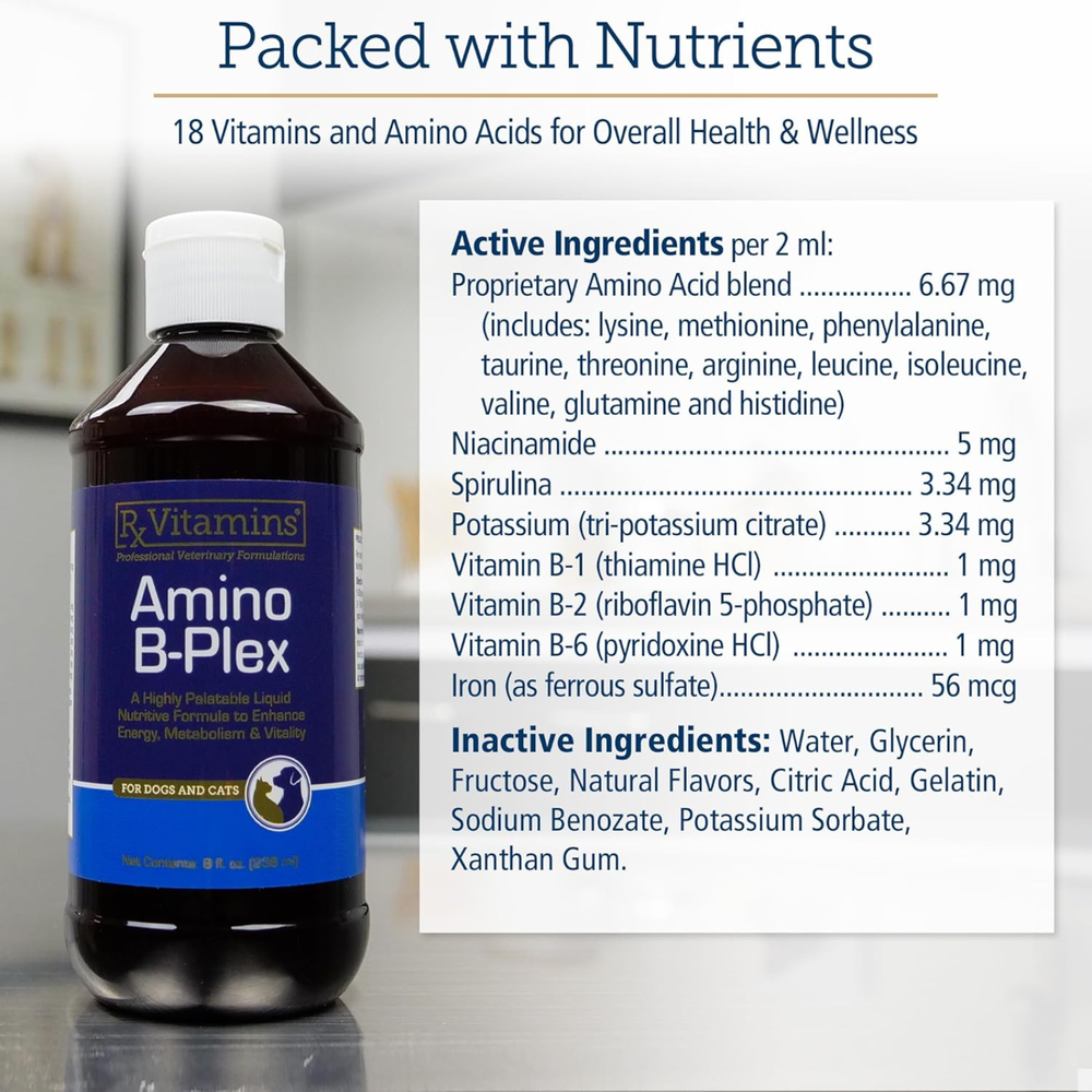 Rx Vitamins For Pets Amino B Plex bottle displaying active ingredients for dogs and cats nutrition support.