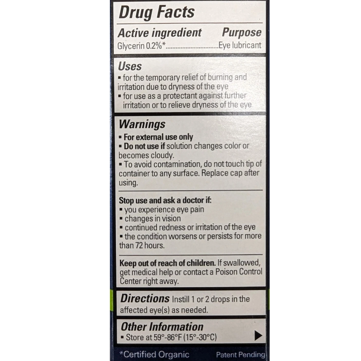 Drug facts for Qty 6 Eyeganics organic eye drops preservative free showing active ingredients and usage instructions.