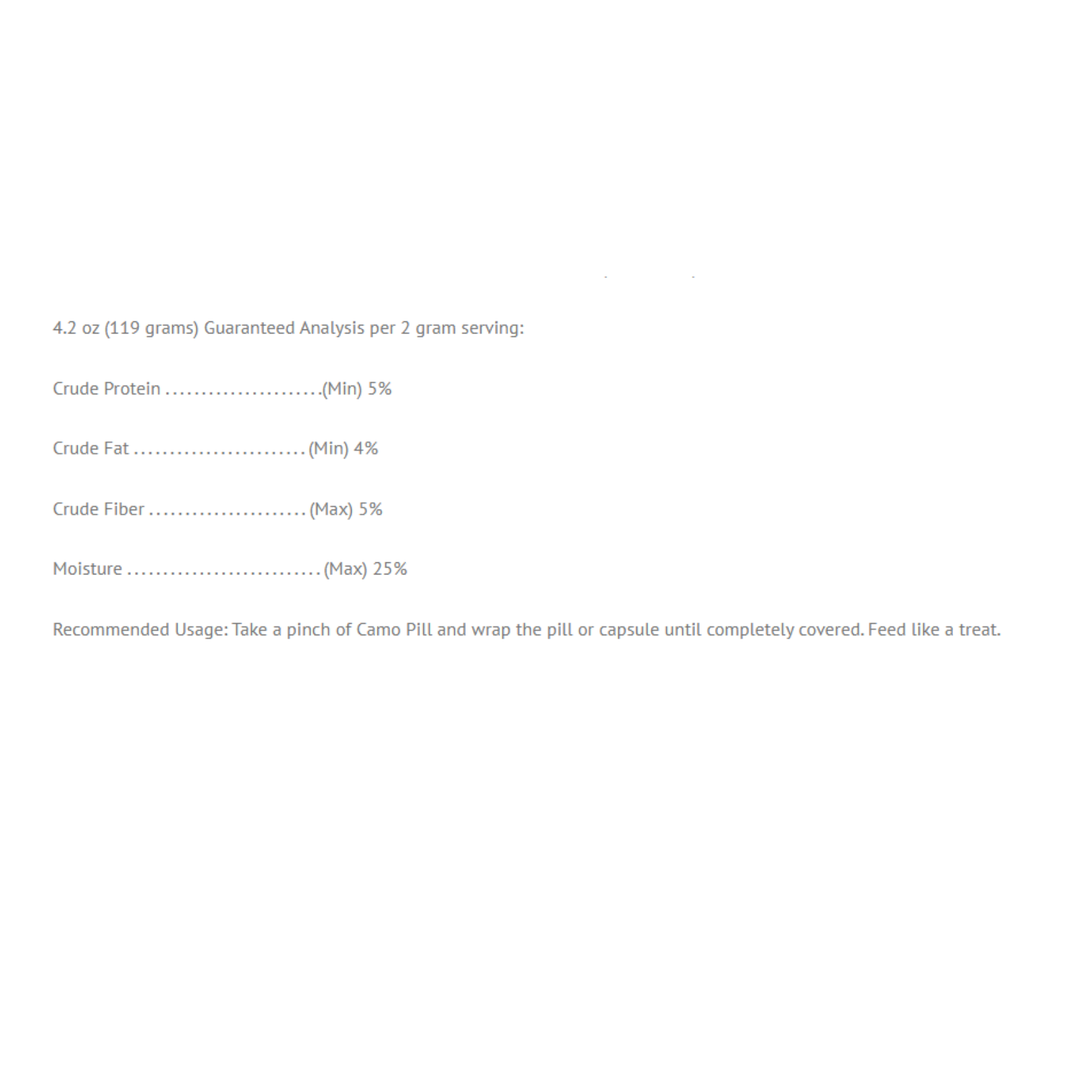 Guaranteed analysis for Rx Vitamins For Pets Camo Pill 4.2 Oz Bacon, including protein, fat, fiber, and moisture content.