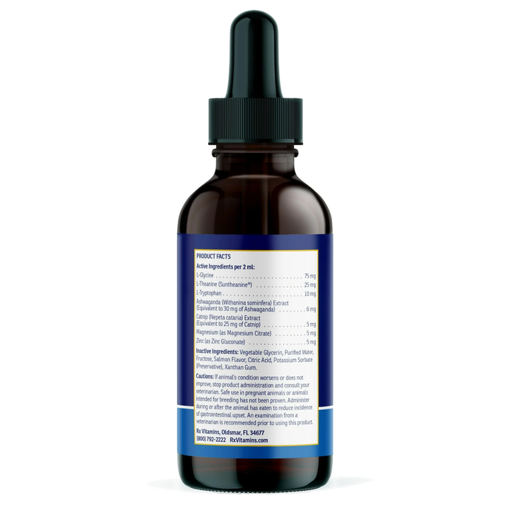 Rx Vitamins For Pets Liquid Nutricalm product label showing ingredients and dosage information.