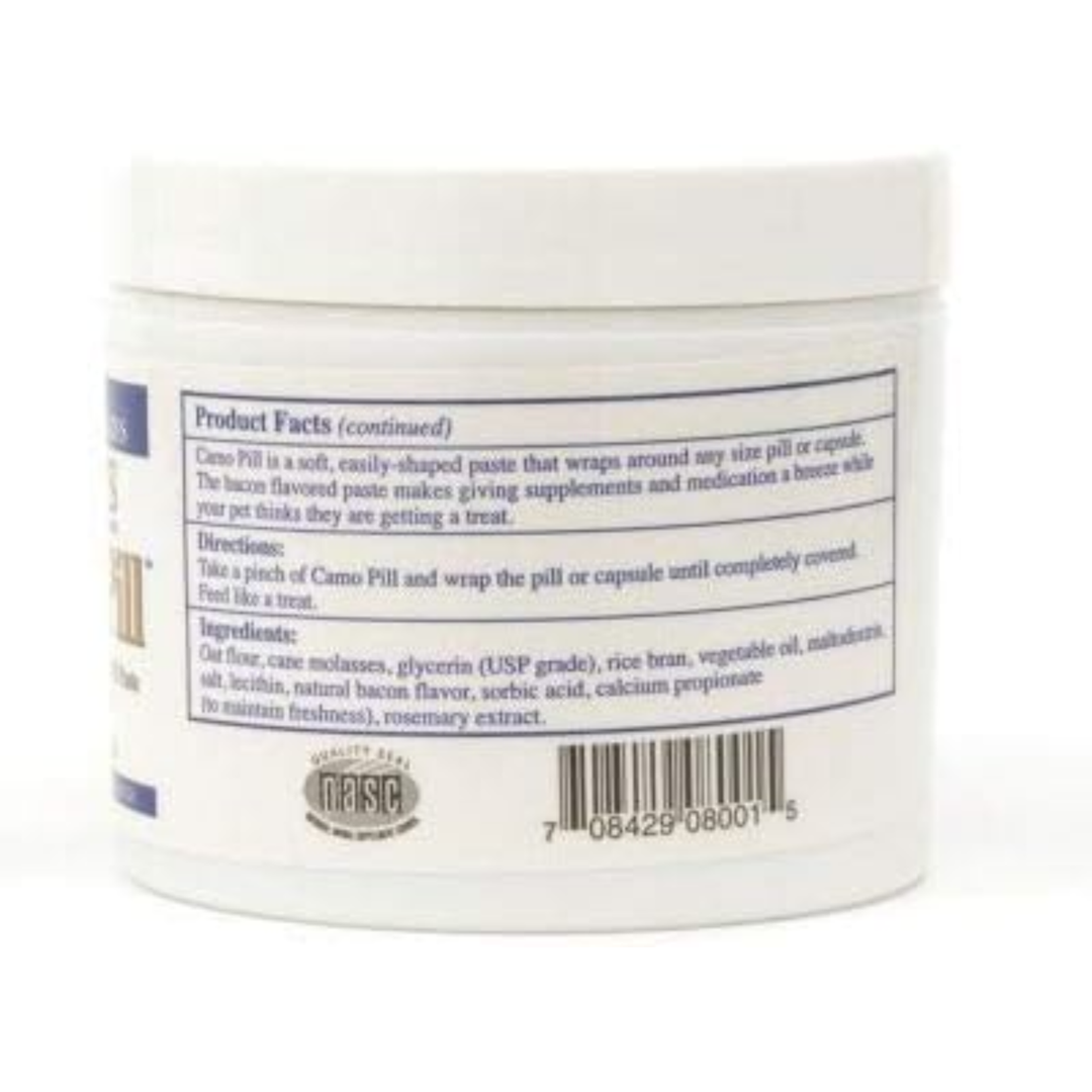 Rx Vitamins For Pets Camo Pill 4.2 Oz Bacon Flavor pill paste product container with usage instructions.