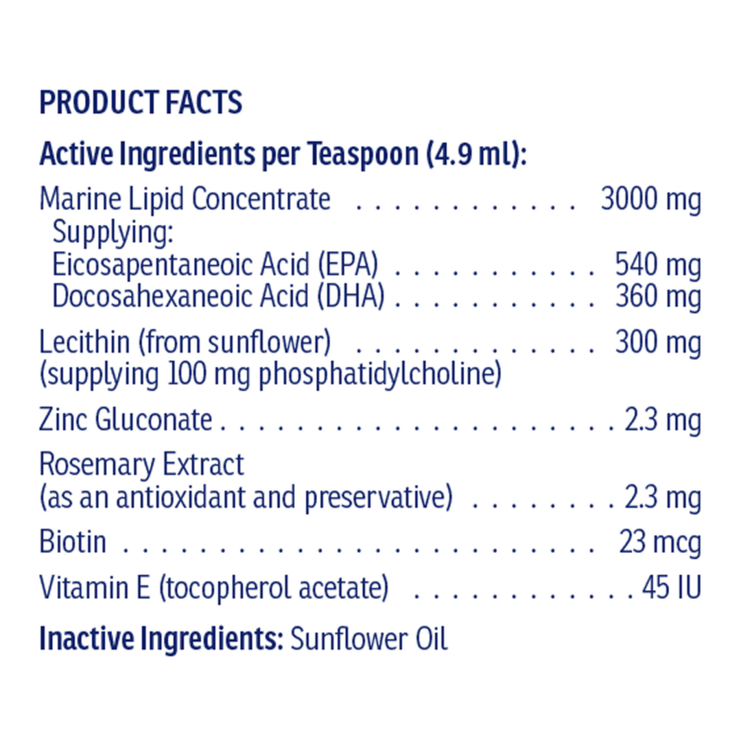 Product facts for Rx Vitamins For Pets Ultra EFA Oil 16 Oz, detailing active ingredients and their amounts.