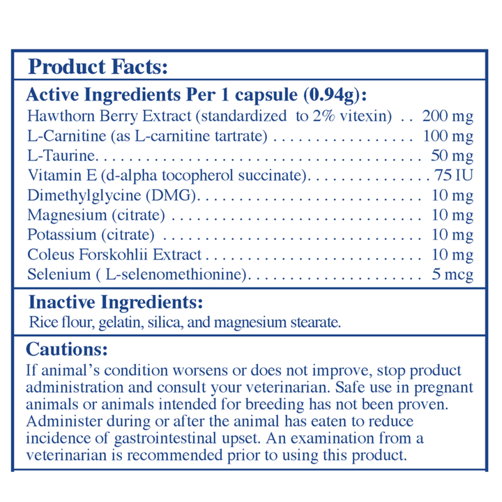 Rx Vitamins For Pets Formula CV Supplement 90 Capsules product facts label showing active and inactive ingredients.