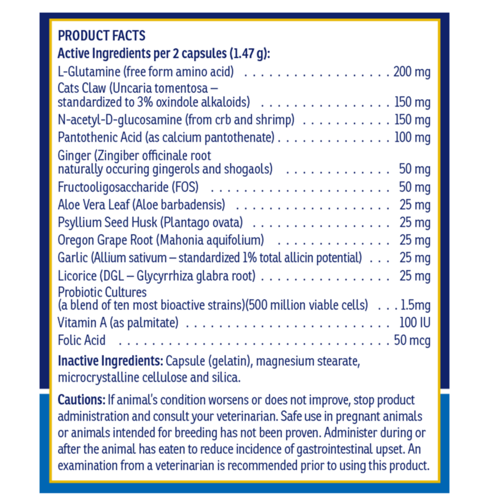 Rx Vitamins For Pets NutriGest 90 Capsules product facts and active ingredients for digestive health.