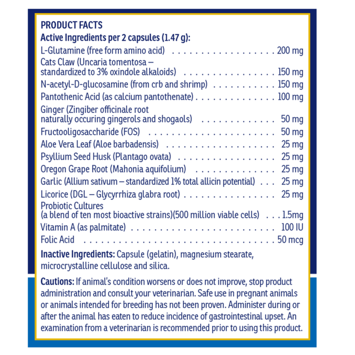 Rx Vitamins For Pets NutriGest 90 Capsules product facts and active ingredients for digestive health.