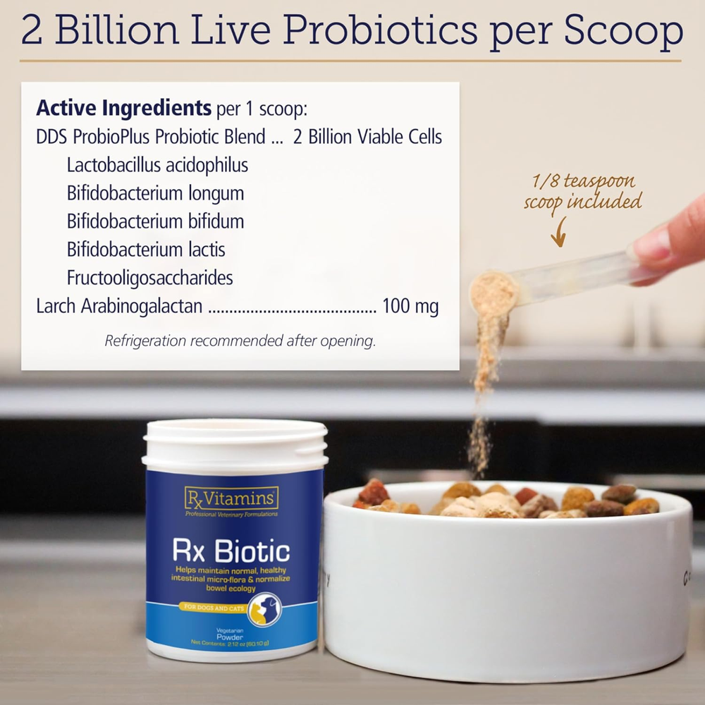 Rx Vitamins For Pets Rx Biotic Digestive Health Powder 2.12 Oz with probiotic ingredients and 1/8 teaspoon scoop.