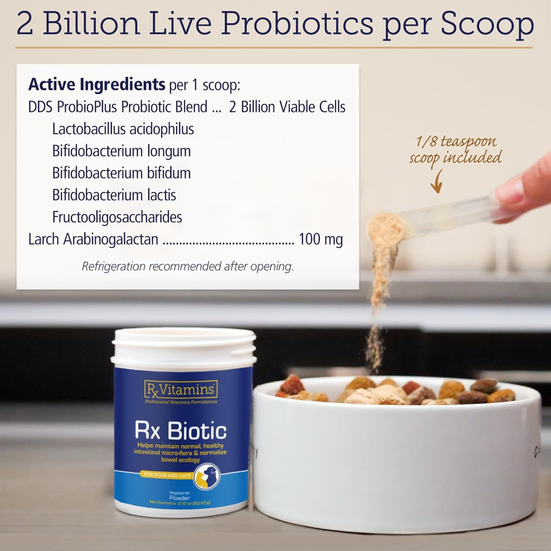 Rx Vitamins For Pets Rx Biotic Digestive Health Powder 2.12 Oz with probiotic ingredients and 1/8 teaspoon scoop.