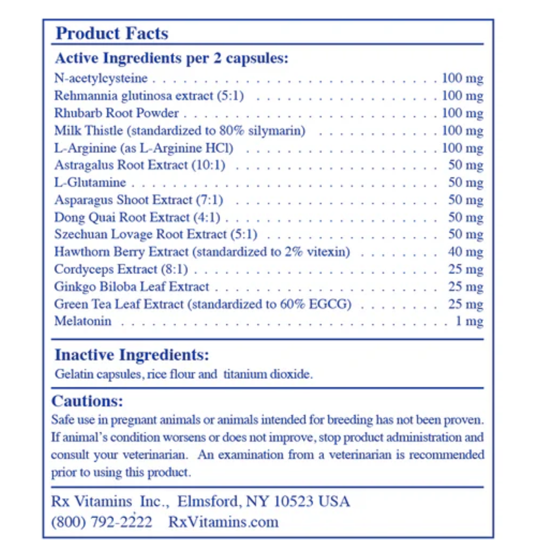 Rx Vitamins For Pets Rx Renal Canine product facts showing active and inactive ingredients in capsules for dogs.