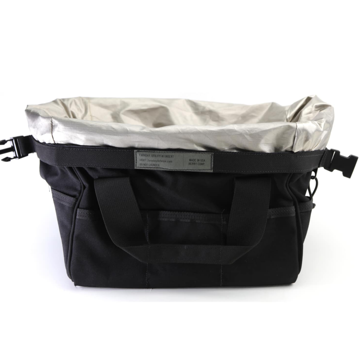 Faraday Cordura Utility Bag Small Black Durable Waterproof Canvas Tank with silver lining and sturdy handles.