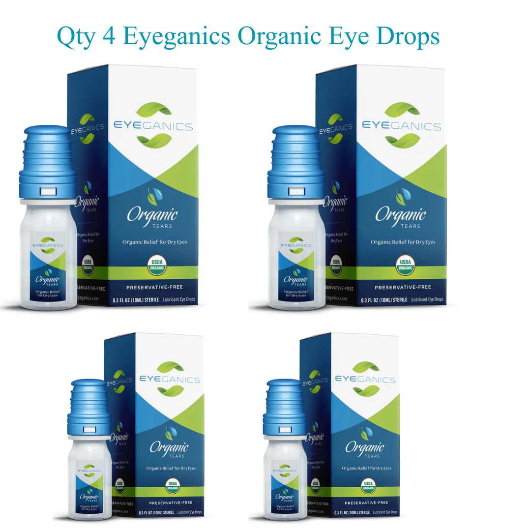 Qty 4 Eyeganics Organic Eye Drops Preservative Free bottles with packaging