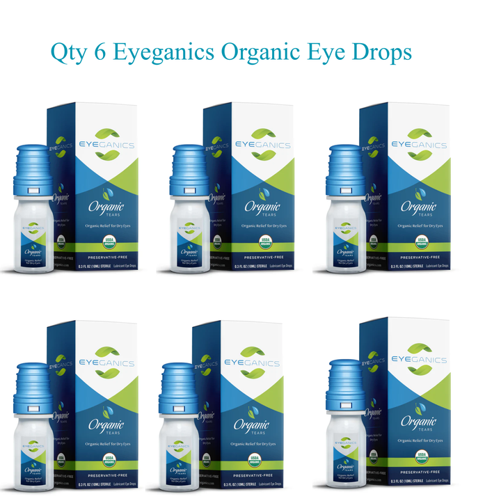 Qty 6 Eyeganics organic eye drops preservative free bottles for eye hydration and comfort.