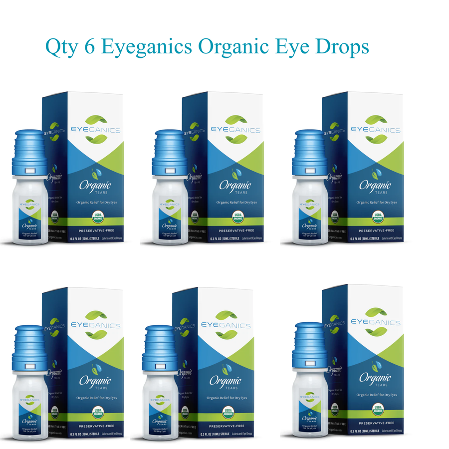 Qty 6 Eyeganics organic eye drops preservative free bottles for eye hydration and comfort.