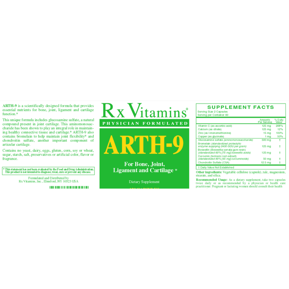 Rx Vitamins For Human Arth 9 Joint Health 120 Caps Glucosamine Sulfate supplement label for joint health.