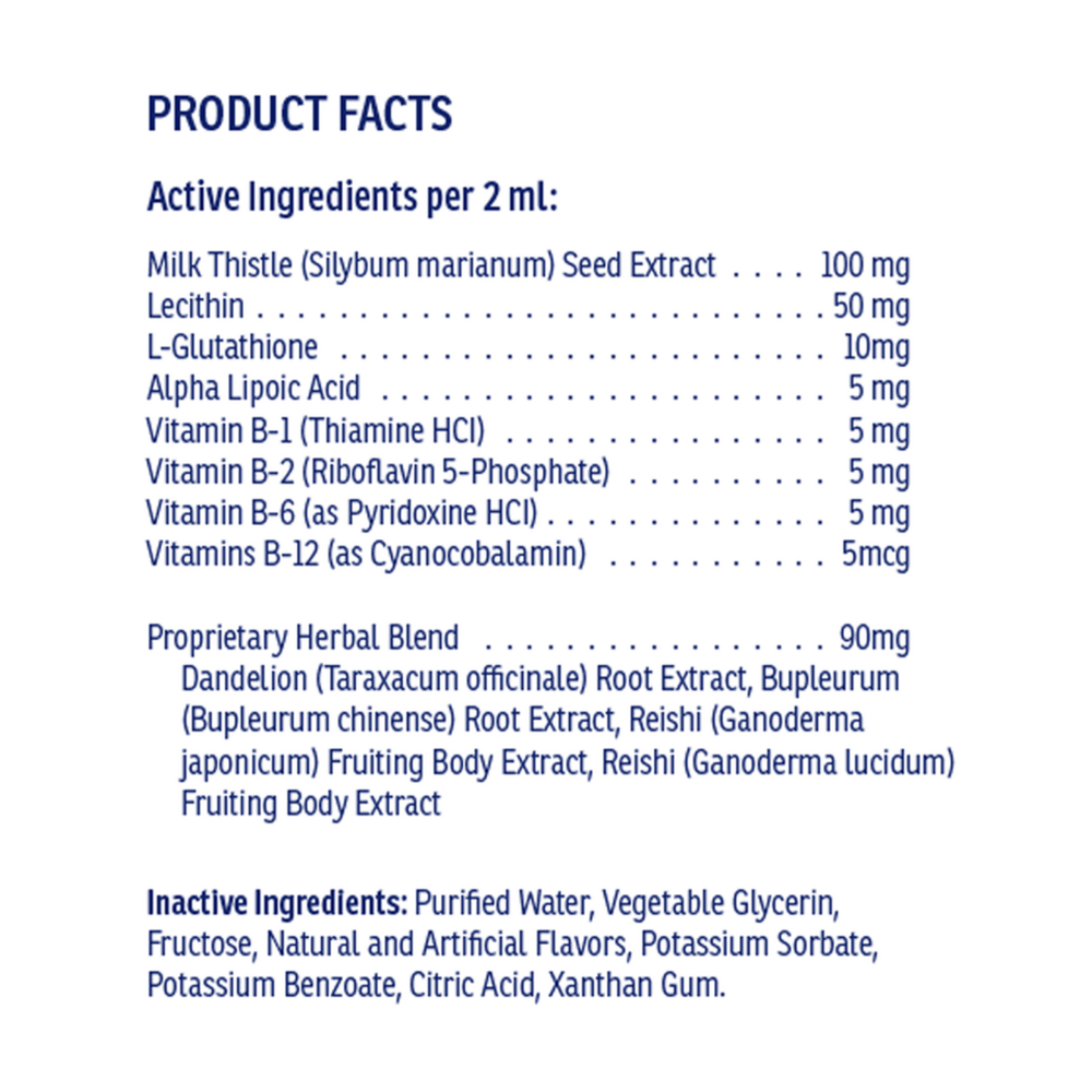 Product facts for Rx Vitamins For Pets Hepato Liquid, including active ingredients and dosages for liver support.