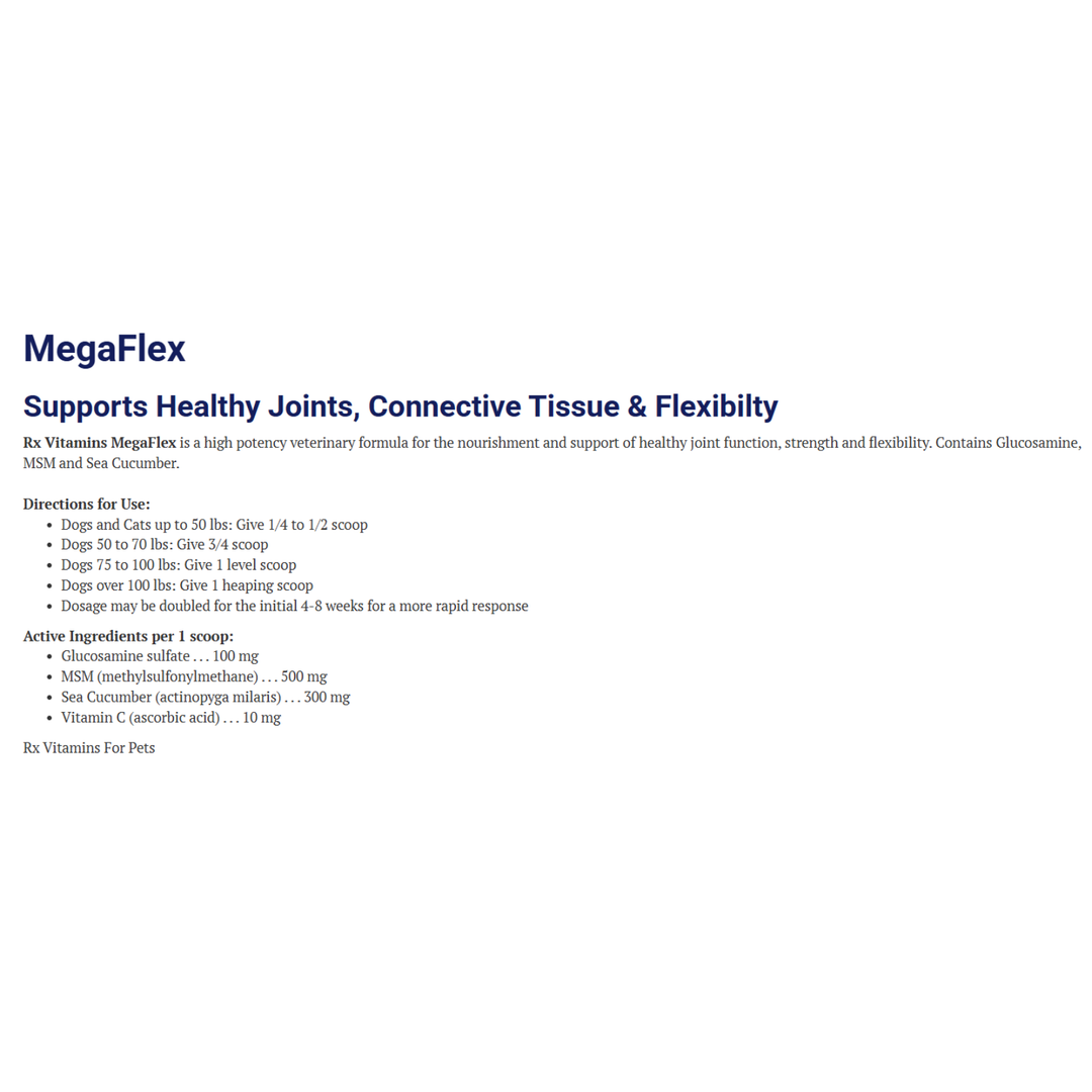 Rx Vitamins For Pets MegaFlex Powder for joint support in dogs and cats; contains glucosamine, MSM, sea cucumber.