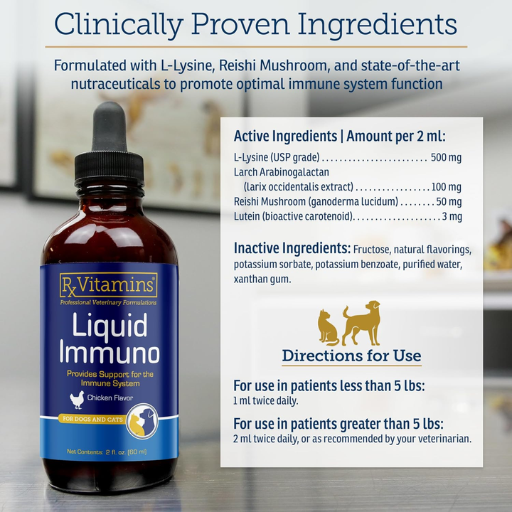 Rx Vitamins For Pets Liquid Immuno Chicken Supplement image featuring clinically proven ingredients for immune support.