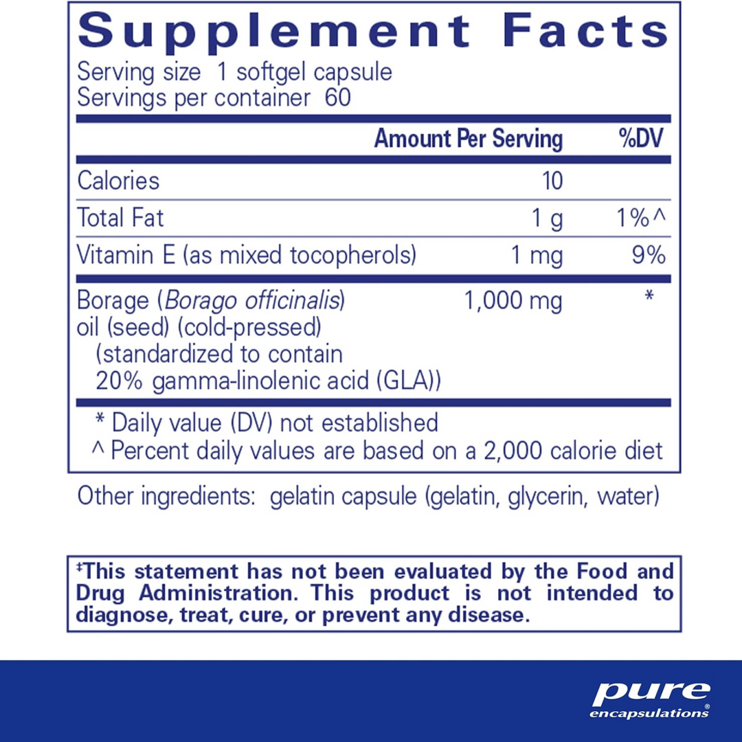 Pure Encapsulations Borage Oil Softgels Supports Skin and Joint Function 60 Caps