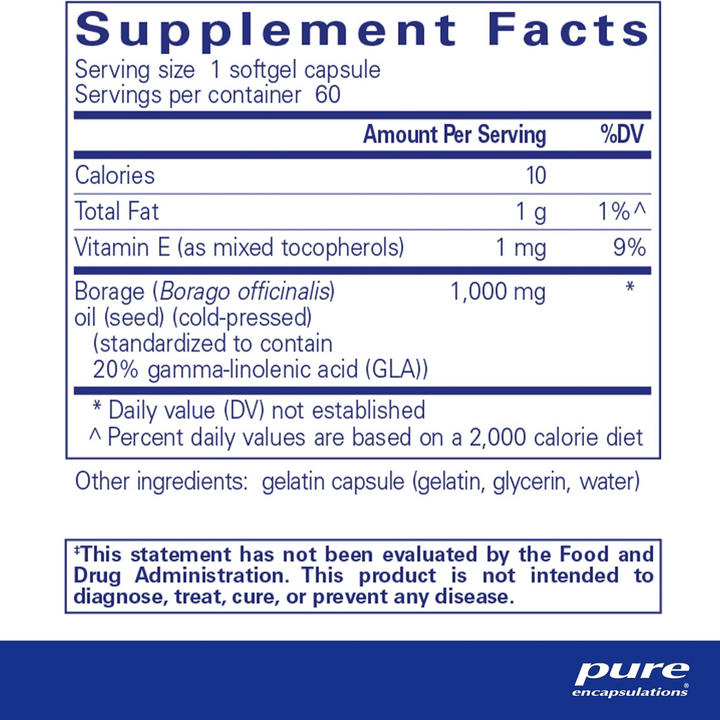 Pure Encapsulations Borage Oil Softgels Supports Skin and Joint Function 60 Caps