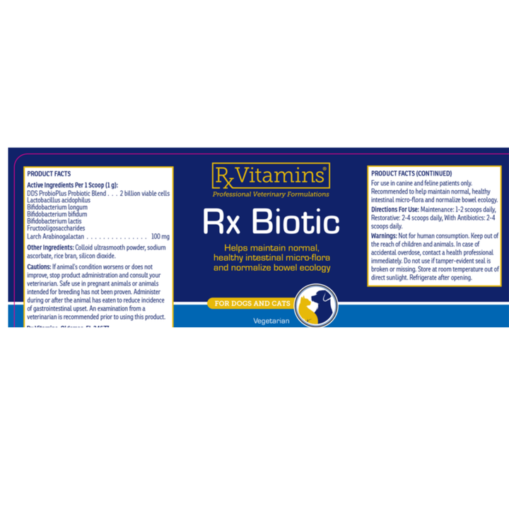 Rx Vitamins Rx Biotic 1.25 Oz label for dogs and cats, featuring probiotic blend and vegetarian ingredients.