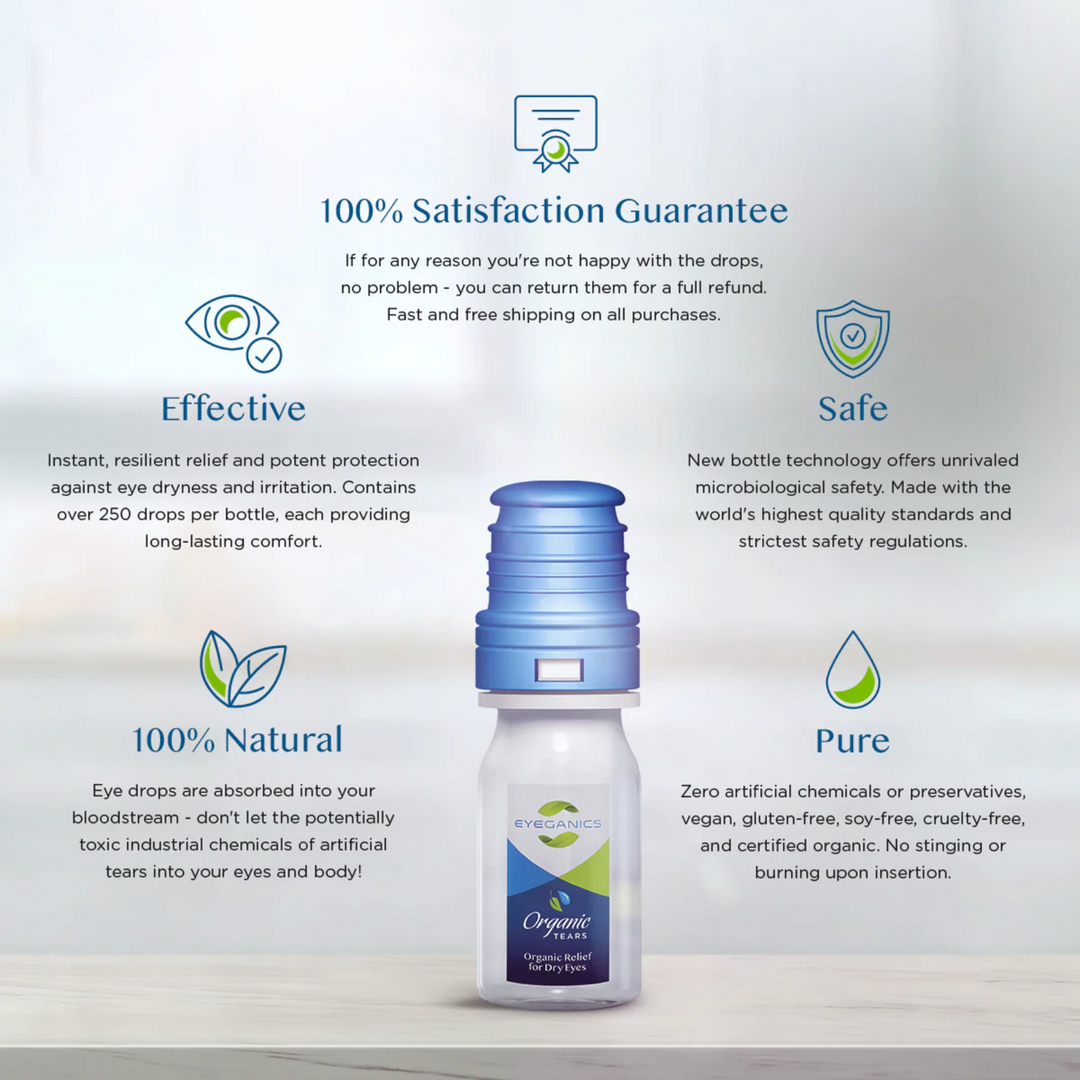 Qty 6 Eyeganics organic eye drops preservative free bottle with effectiveness, safety, and natural ingredients shown.