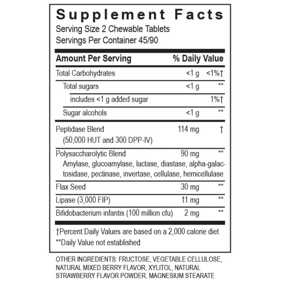 Transformation Enzymes Zymes 4 Kidz Chewable Digest Formula 180 Capsules supplement facts label.