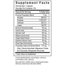 Load image into Gallery viewer, Supplement facts label for Transformation Enzymes RepairZyme Enzyme Supplement, featuring ingredients and nutritional information.
