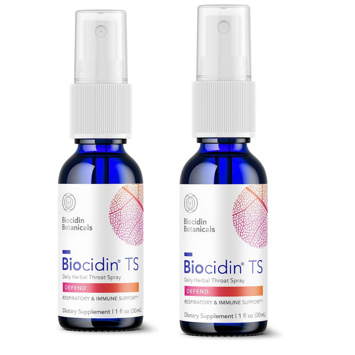 Spray para la garganta Biocidin TS para promover el bienestar diario y el apoyo estacional. Paquete de 2 unidades de 1 oz.