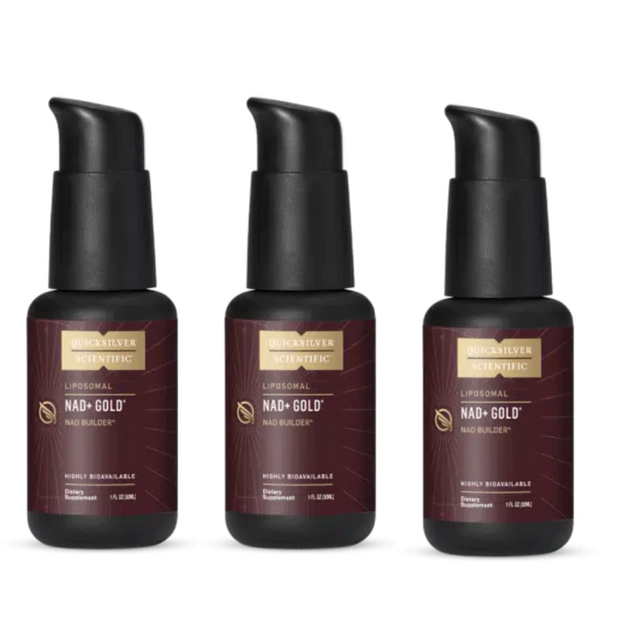 Quicksilver Scientific NAD+ Gold TMG 30 ml 3-pack bottles for age management.