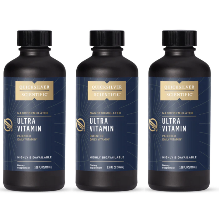 Quicksilver Scientific Ultra Vitamin 3 pack, 3.38 fl oz bottles, lipid-encapsulated multivitamin for enhanced absorption.
