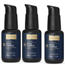 Load image into Gallery viewer, Three bottles of Quicksilver Scientific Liposomal Methyl B-Complex, highly bioavailable B-vitamin formula, 1.7 fl oz each from a 3-pack.
