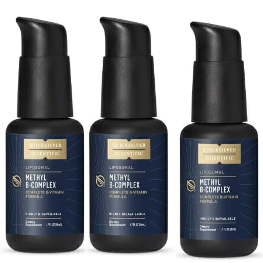 Three bottles of Quicksilver Scientific Liposomal Methyl B-Complex, highly bioavailable B-vitamin formula, 1.7 fl oz each from a 3-pack.