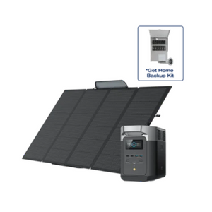 EcoFlow DELTA Pro with 400W solar panel and transfer switch kit for home backup.