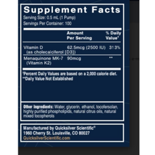 Load image into Gallery viewer, Quicksilver Scientific Vitamin D3/K2 supplement facts label, 1.7 oz, 2 pack.

