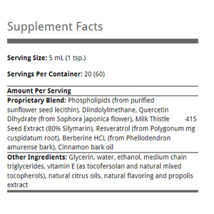 Quicksilver Scientific Ampk Charge+ 100 ml supplement facts label detailing serving size, proprietary blend, and other ingredients.