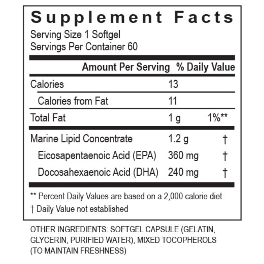 Supplement facts label for Transformation Enzymes Essential Fatty Acid Fish Oil Concentrate EFA 1200mg showing serving size, daily values, and ingredients.